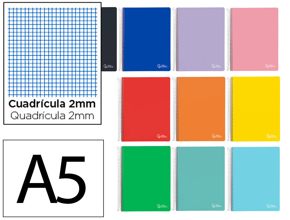 CUADERNO ESPIRAL LIDERPAPEL DIN A5 SMART TAPA BLANDA 80H 75GR MILIMETRADO 2MM COLORES SURTIDOS