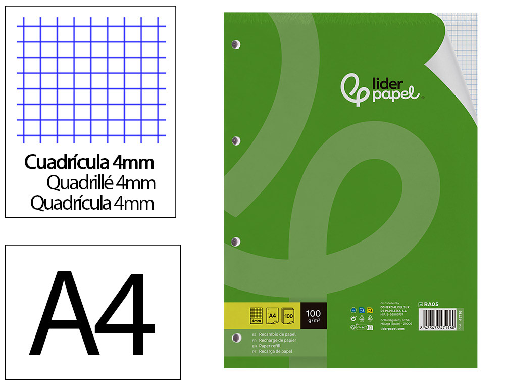 RECAMBIO LIDERPAPEL A4 100 HOJAS 100GR CUADRO 4MM CON M ARGEN 4 TALADROS